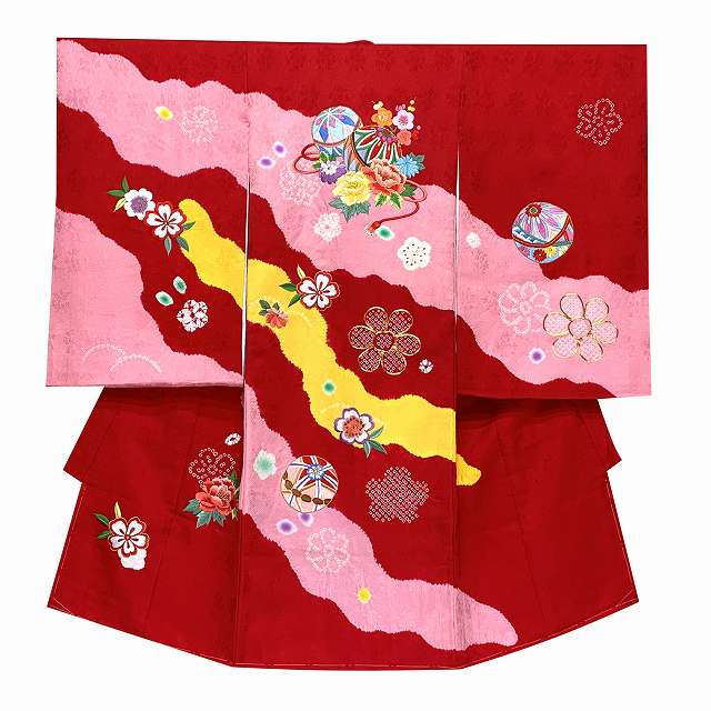 お宮参り着物 女の子 日本製 赤ちゃん 産着 正絹 総刺繍 本絞り 金駒刺繍 お祝い着 初着【赤ｘ桃ｘ黄、二つ鞠】