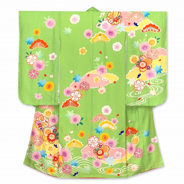 七五三 着物 7歳 女の子 正絹 絵羽柄 金駒刺繍 日本製 子供着物 単品【黄緑、桜と流水】