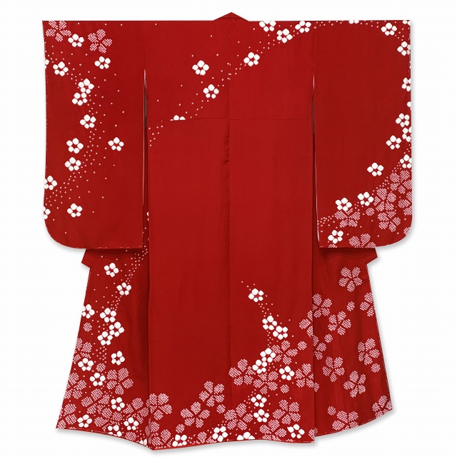 七五三 着物 7歳 フルセット 女の子用 日本製 正絹 本絞り柄 絵羽付け 着物と結び帯 コーディネートセット【赤、梅】