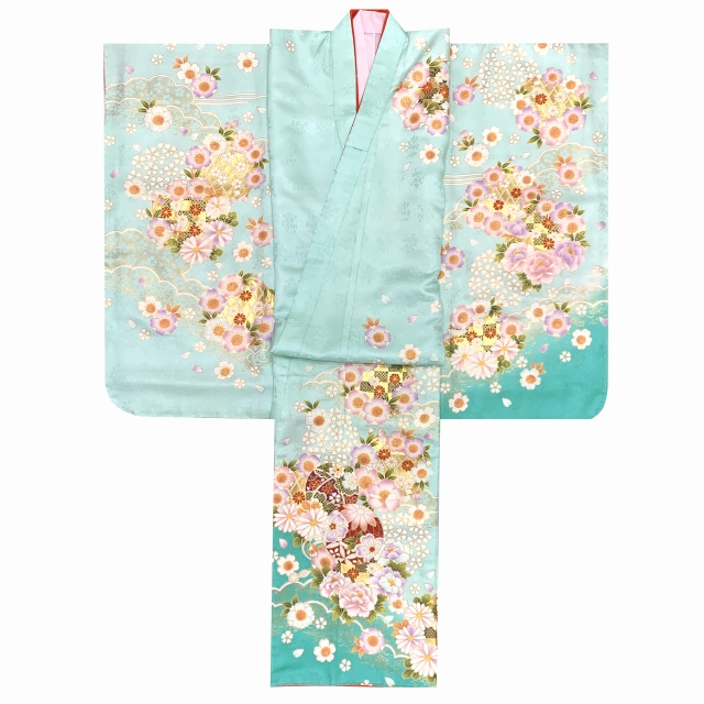 七五三 7歳 女の子用 正絹 京友禅 刺繍入り 絵羽付け 四つ身の着物