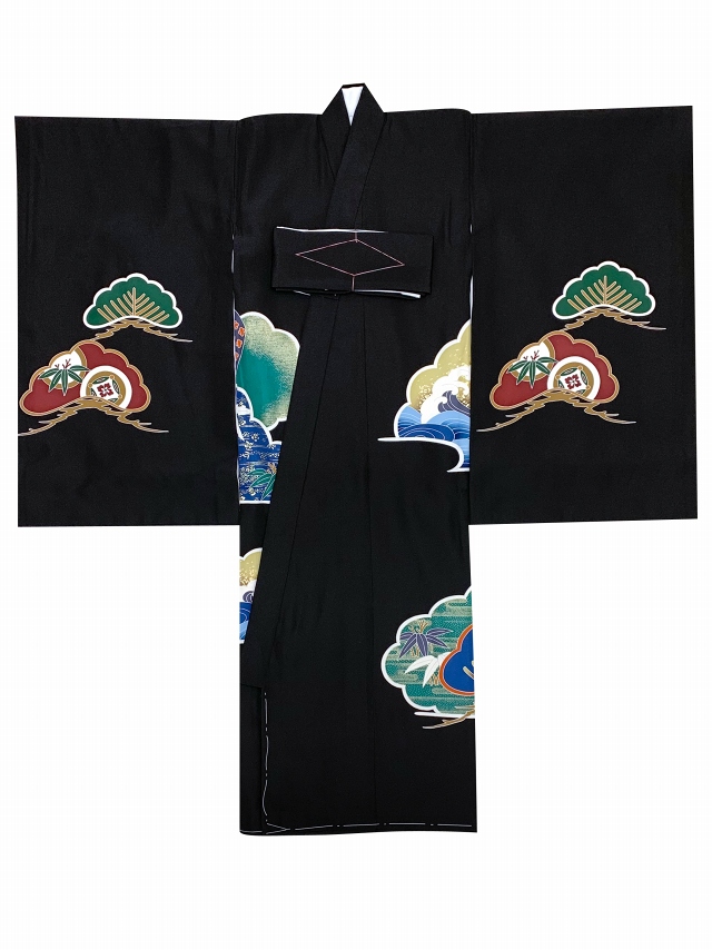 お宮参り 男の子 着物 正絹 日本製 赤ちゃんのお祝い着 （初着 産着） 襦袢付き【黒地、兜】