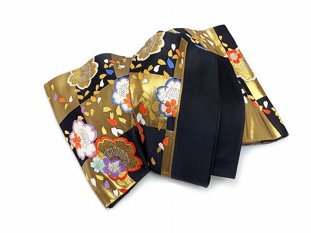 西陣織 全通 子供袋帯 ７歳女の子 ジュニア用 単品 七五三 十三参りに 日本製「金ｘ黒、市松に桜」IGF219 購入 販売