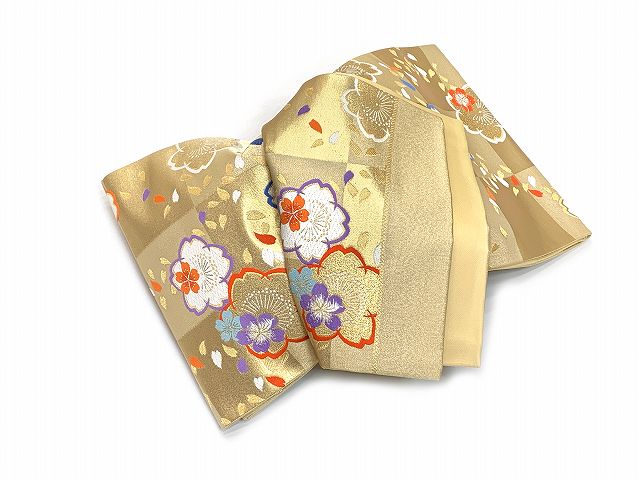 西陣織 全通 子供袋帯 ７歳女の子 ジュニア用 単品 七五三 十三参りに 日本製「ゴールド、市松に桜」IGF220 購入 販売