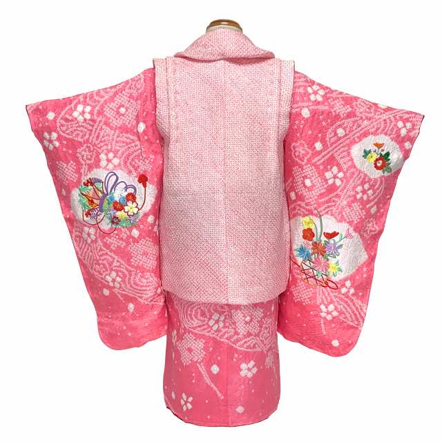 七五三 着物 3歳 被布セット 女の子 正絹 本絞り 総刺しゅう柄 被布コートセット【桃、鞠と桜】