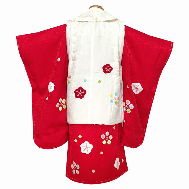 七五三 着物 3歳 フルセット 女の子用 本絞り柄の被布コートセット 正絹【紅白、梅】