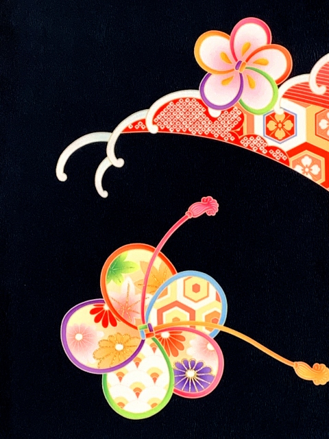 七五三 着物 7歳 女の子用 日本製 絵羽柄の四つ身の子供着物 単品(合繊)【黒、ねじり梅に浪】