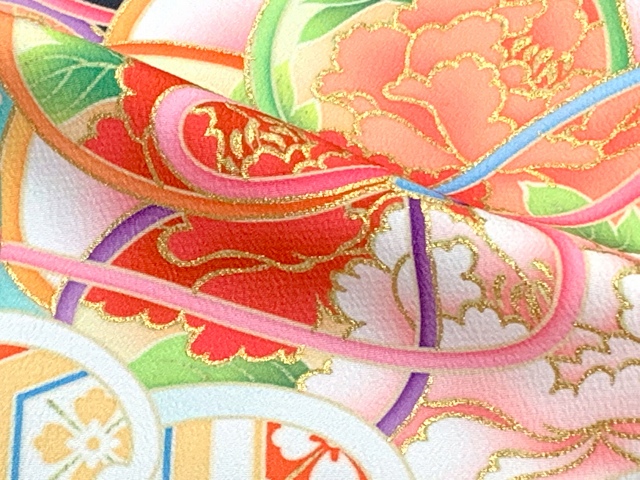 七五三 着物 7歳 女の子用 日本製 絵羽柄の四つ身の子供着物 単品(合繊)【黒、ねじり梅に浪】