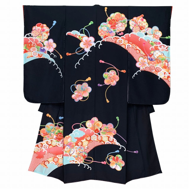 七五三 着物 フルセット 7歳 女の子用 日本製 絵羽柄の子供着物 結び帯セット(合繊)【黒、ねじり梅に浪】