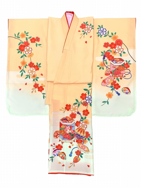 七五三 着物 7歳 女の子用 日本製 絵羽柄の四つ身の子供着物 単品(合繊
