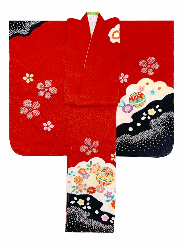 七五三 着物 7歳 女の子 高級 本絞り 手描き友禅 絵羽柄の子供着物(正絹)【赤×黒、鞠と雲】