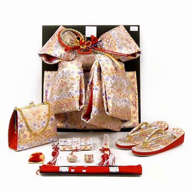 ジュニア7歳姉妹用七五三祝着物正絹フルセット六角折鶴和柄紗綾型金彩