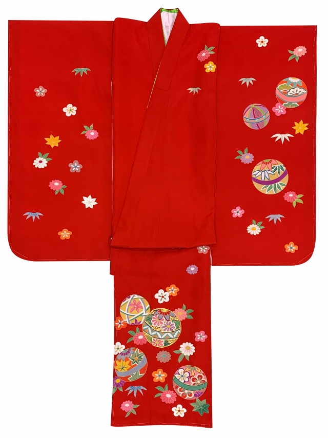 七五三 着物 7歳 女の子 正絹 手描き友禅 絵羽柄の子供着物【赤、鞠】