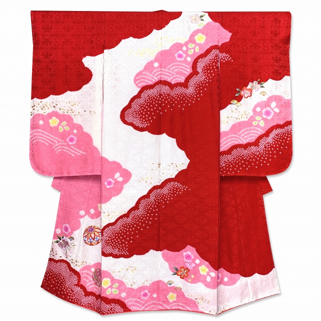 七五三 着物 7歳 フルセット 女の子 正絹 日本製 正絹 本絞り 総刺繍 絵羽付け 子供着物と結び帯セット【赤・白・ピンク、鞠】