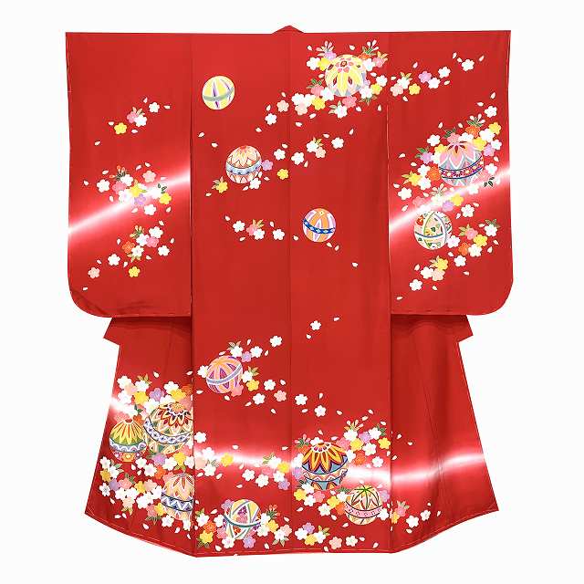 七五三 7歳 女の子用 日本製 正絹 手描き ぼかし染め 金駒刺繍 絵羽付け 四つ身の着物【赤系、二つ鞠】