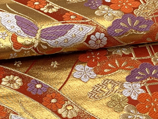 七五三 袋帯 正絹 桐生織 こども・ジュニア用 日本製 全通の女の子用祝帯 仕立て上がり【朱赤系、格子に浪と蝶】