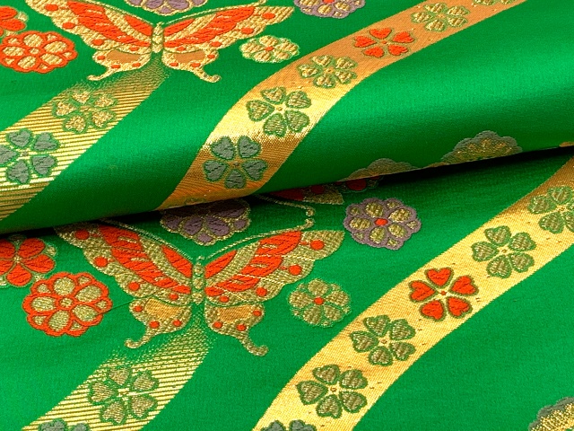七五三 袋帯 正絹 桐生織 こども・ジュニア用 日本製 全通の女の子用祝帯 仕立て上がり【緑、御所車に蝶】