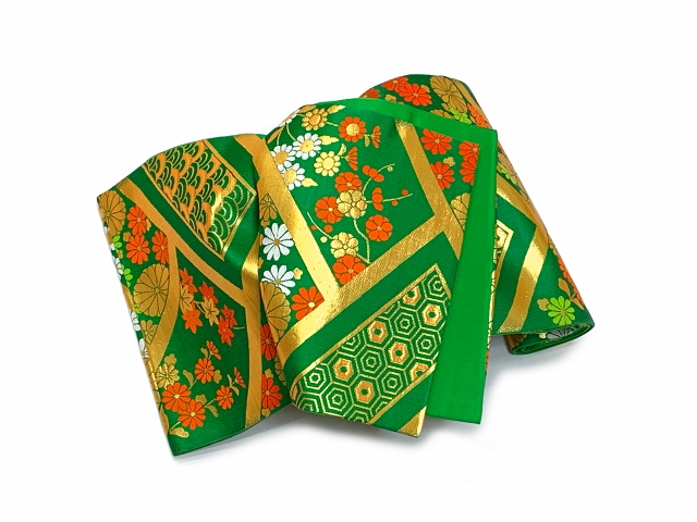 七五三 袋帯 正絹 桐生織 こども・ジュニア用 日本製 全通の女の子用祝帯 仕立て上がり【緑、小花と浪・亀甲】