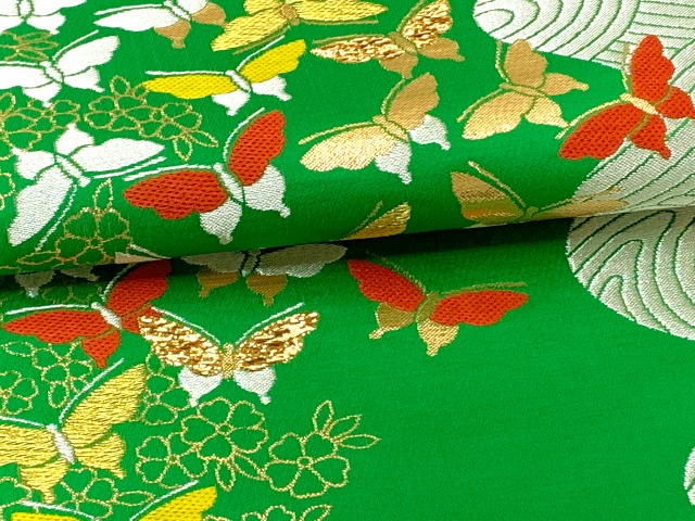 七五三 袋帯 正絹 桐生織 こども・ジュニア用 日本製 全通の女の子用祝帯 仕立て上がり【緑、波に蝶】