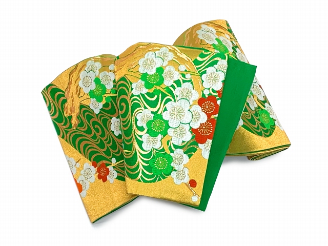 七五三 袋帯 正絹 桐生織 こども・ジュニア用 日本製 全通の女の子用祝帯 仕立て上がり金ｘ緑、梅と観世水
