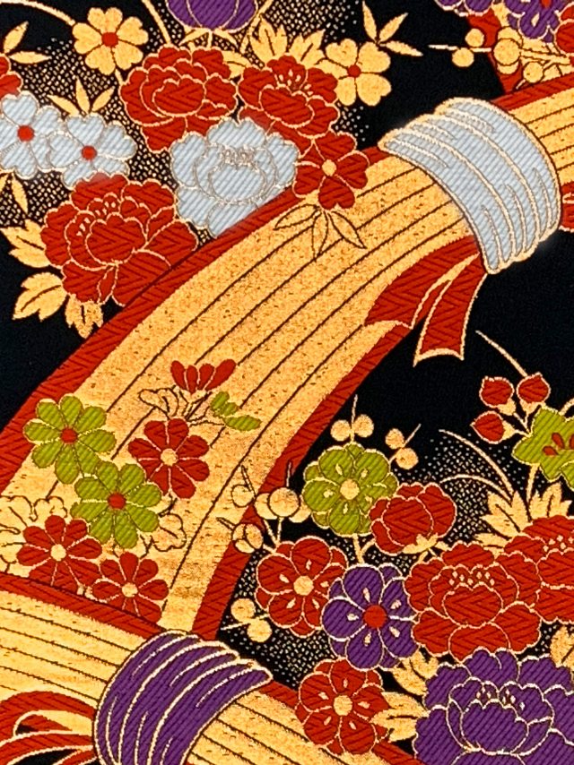 袋帯 桐生織 正絹 全通 七五三 7歳、ジュニア 女の子用祝帯 日本製 仕立て済み【黒地、束ね熨斗】