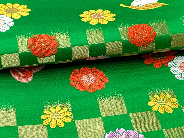 袋帯 桐生織 正絹 全通 七五三 7歳、ジュニア 女の子用祝帯 日本製 仕立て済み【緑、市松と蝶】