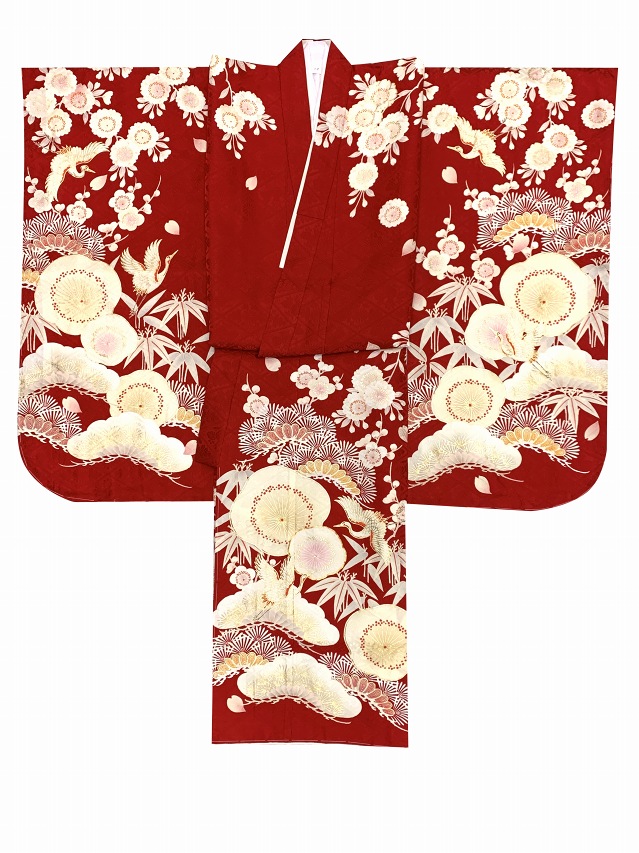 “紅一点” ブランド 七五三 着物 7歳 女の子用 四つ身の絵羽付け 金駒刺繍の着物 (正絹) 単品【赤系、松竹梅】