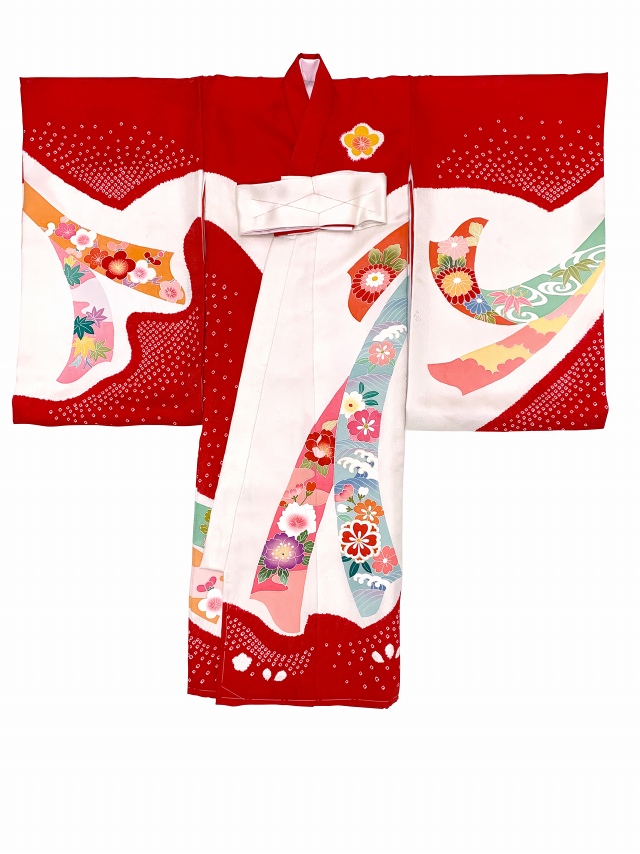 お宮参り 着物 女の子 正絹 日本製 本絞り・友禅の赤ちゃん お祝い着 初着 産着 襦袢付き【赤、束ね熨斗】