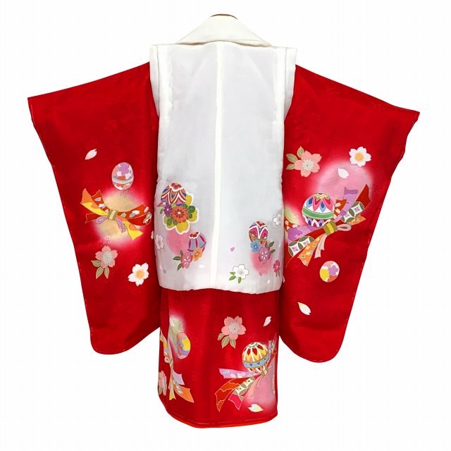 七五三 着物 3歳 フルセット 正絹 高級 手描き友禅 金駒刺繍 女の子の被布コートセット 日本製【白ｘ赤、こっぽりと菊】