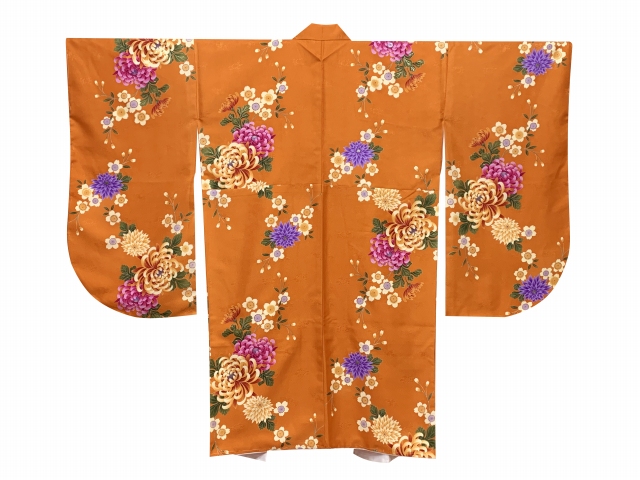 卒業式の着物 二尺袖 小振袖 袴用 ショート丈 合繊 女性用 フリーサイズ【オレンジ系、菊】