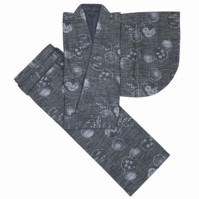 二部式着物 洗える着物 袷 小紋柄の着物 Mサイズ【灰緑系、雪輪】