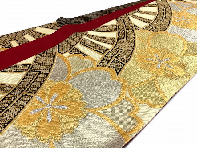 振袖用袋帯 正絹 成人式に 華やかな袋帯 六通 仕立て上がり【金、桜に