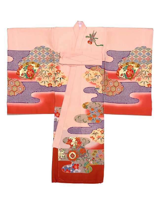 お宮参り 着物 女の子 金駒刺繍 日本製 赤ちゃんのお祝い着 (初着 産着) 正絹【濃淡朱色、鳳凰と扇】