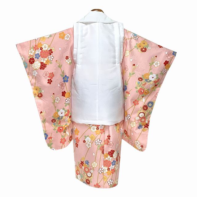 2022年新作 七五三 着物 3歳 女の子 フルセット 古典柄の被布コートセット【白ｘ薄ピンク、枝垂れ桜】