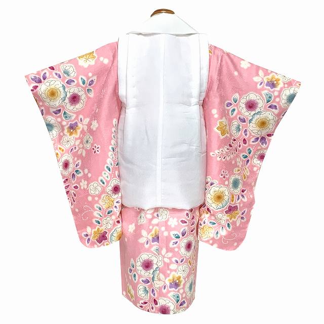 七五三 着物 3歳 女の子 フルセット 古典柄の被布コートセット【白ｘピンク、辻が花風】