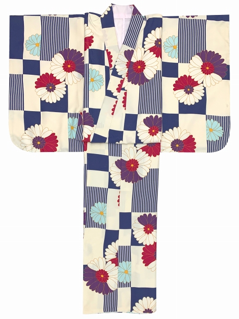 京都室町st オリジナル ジュニア用 160サイズ 女の子の洗える着物 小紋 袷 袖長い目 青系 市松に菊