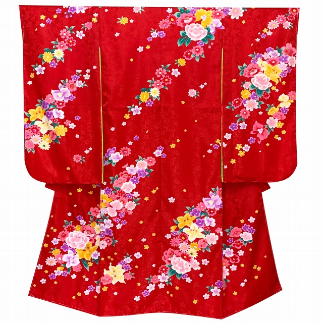 女の子袴セット 卒園式 入学式 四つ身の着物(合繊)＆刺繍袴のセット【赤、ユリとバラ】