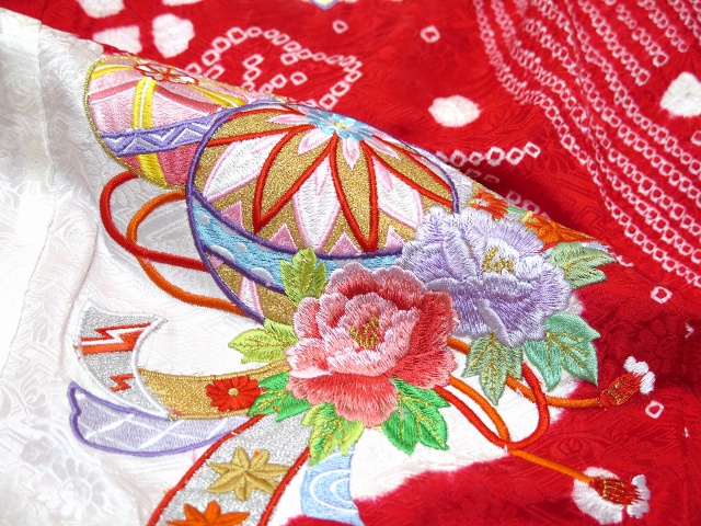 七五三に☆正絹総絞り 赤色に鞠 七歳着物フルセット 作り帯 - www
