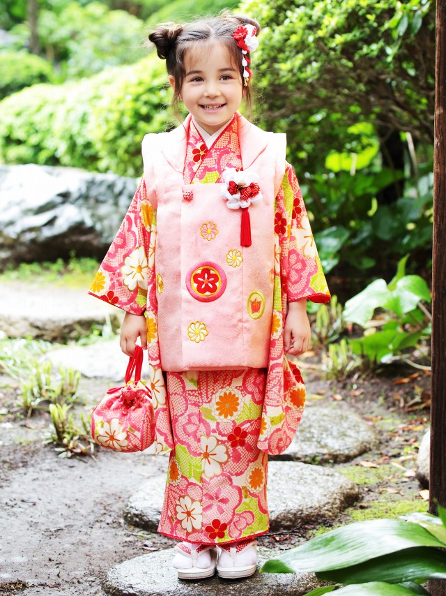 七五三 3歳着物 女の子用 “紅一点”ブランド 正絹 被布コートセット【ピンク、松竹梅】