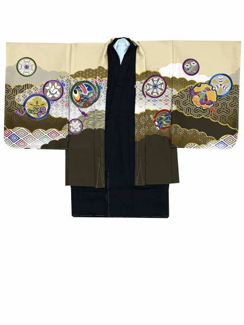 七五三 着物 5歳 男の子 式部浪漫 ブランド 着物と羽織 袴 フルセット（合繊）【ベージュ 鷹】