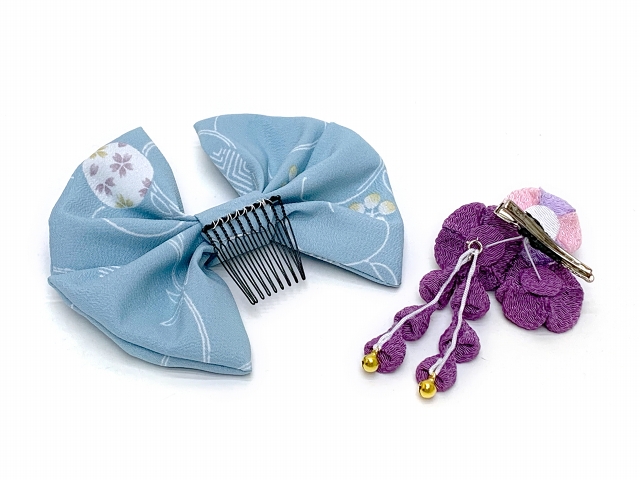 鈴音屋 オリジナルとちりめん摘み飾りと小紋生地のリボン髪飾り 2way仕様り 子供着物用 水色ｘ紫系