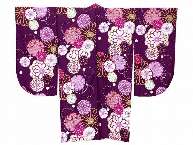 卒業式の着物 小紋柄の二尺袖 単品 ショート丈 フリーサイズ【紫、菊と 