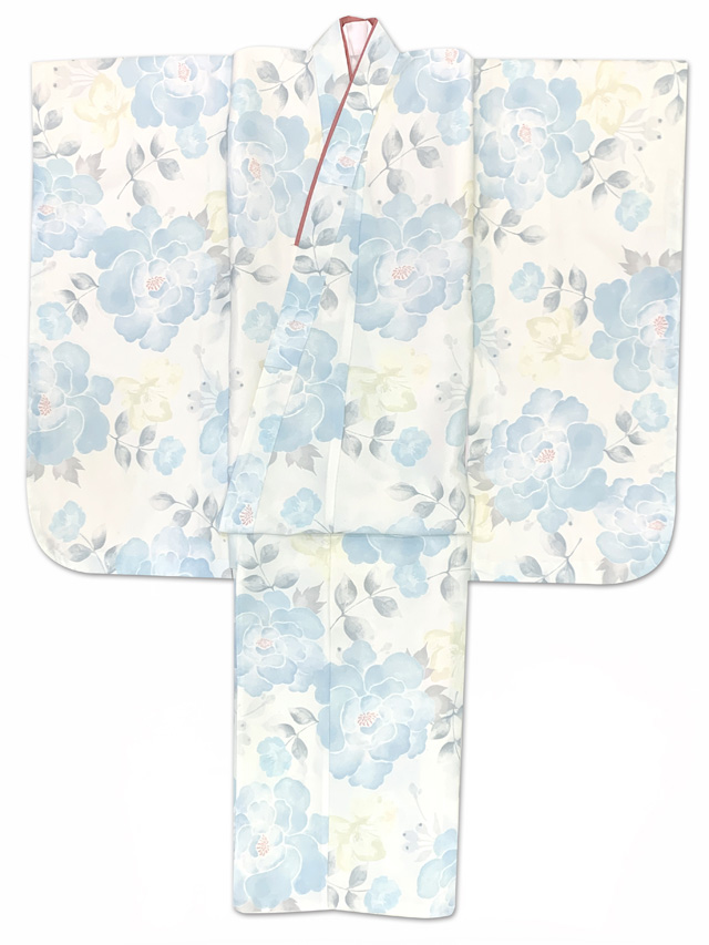 7歳　水色 花柄 着物 七五三 着物 7歳 フルセット 購入 販売「水色地に白の花柄