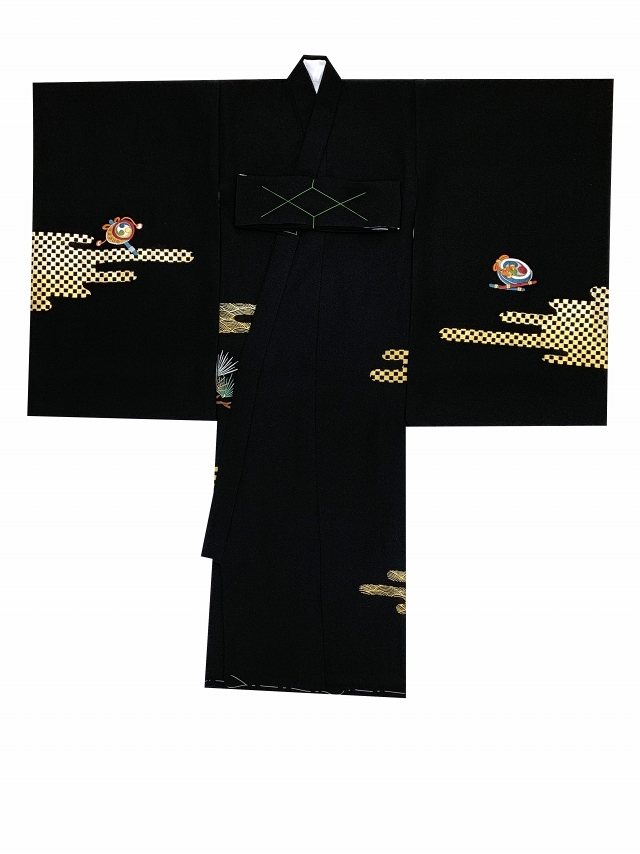 お宮参り 男の子 着物 正絹 刺繍柄 日本製 赤ちゃんのお祝い着 初着 産着 襦袢付き【黒地、鷹と宝船】