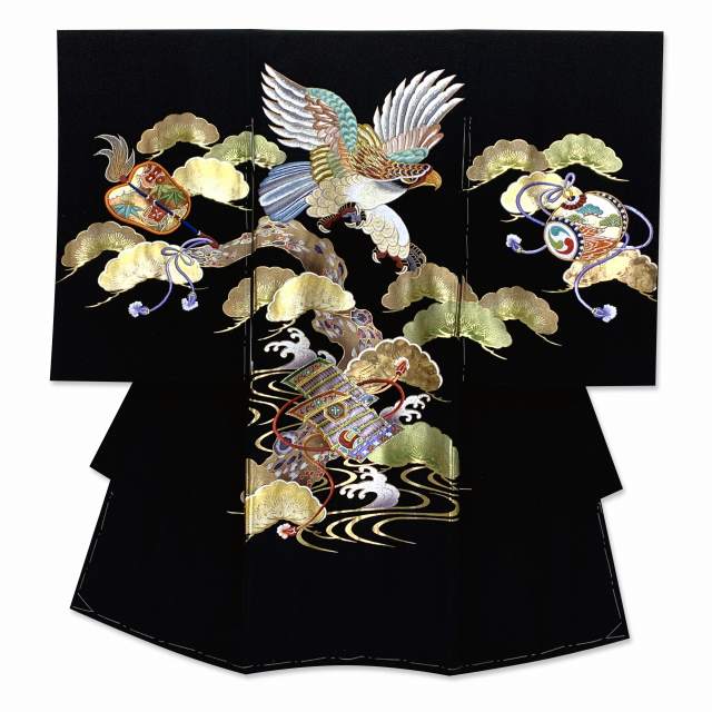 お宮参り 男の子 着物 正絹 刺繍柄 日本製 赤ちゃんのお祝い着 （初着 産着） 襦袢付き【黒地、鷹と帷子】