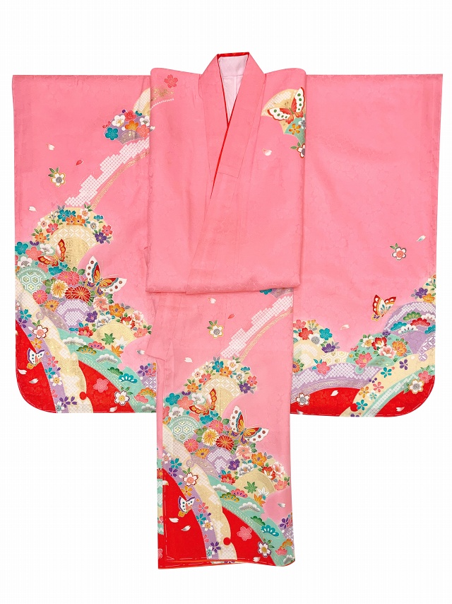 七五三 7歳 女の子用 日本製 正絹 絵羽付け 四つ身の着物【ピンク、蝶】