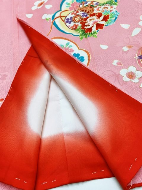七五三 7歳 女の子用 日本製 正絹 絵羽付け 四つ身の着物【ピンク、鼓 