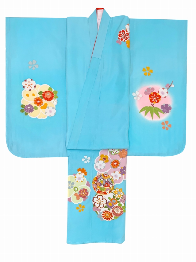 七五三 7歳 女の子用 日本製 正絹 手描き友禅 古典柄 四つ身の着物【水色、鈴と四君子草】