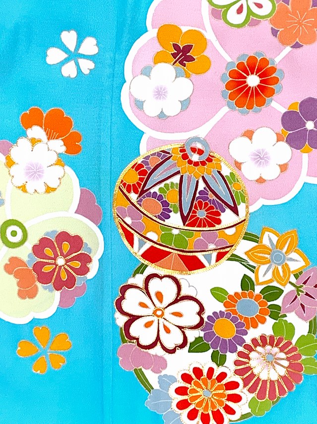 七五三 7歳 女の子用 日本製 正絹 手描き友禅 古典柄 四つ身の着物【水色、鈴と四君子草】