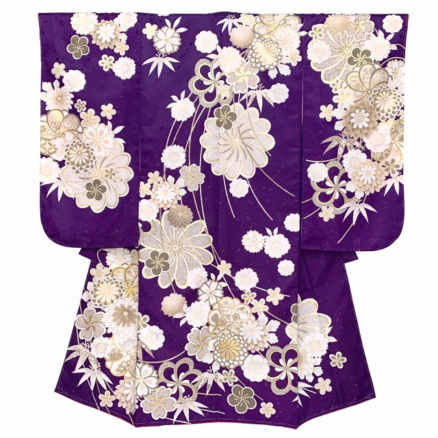 七五三 着物 7歳 フルセット 女の子用 金駒刺繍 日本製 上質合繊 絵羽柄の子供着物セット【紫、古典菊】