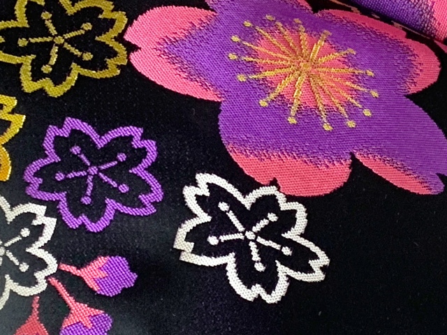 七五三 正絹 結び帯 7歳 女の子 作り帯 単品 日本製【黒地、紫桜】